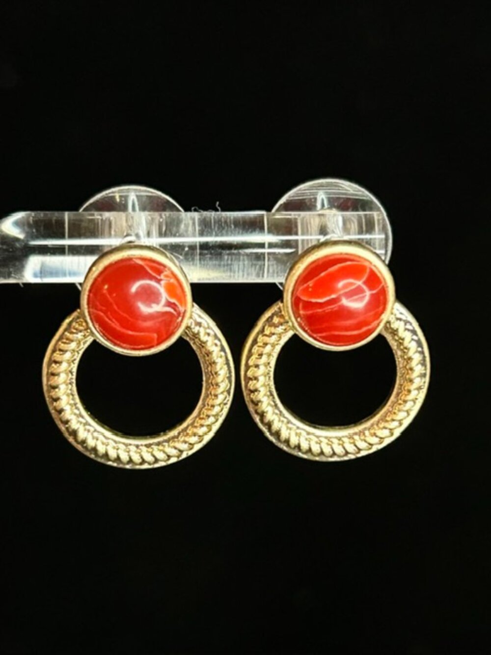 NWOT Red Stone Gold Tone Circle Drop Earrings